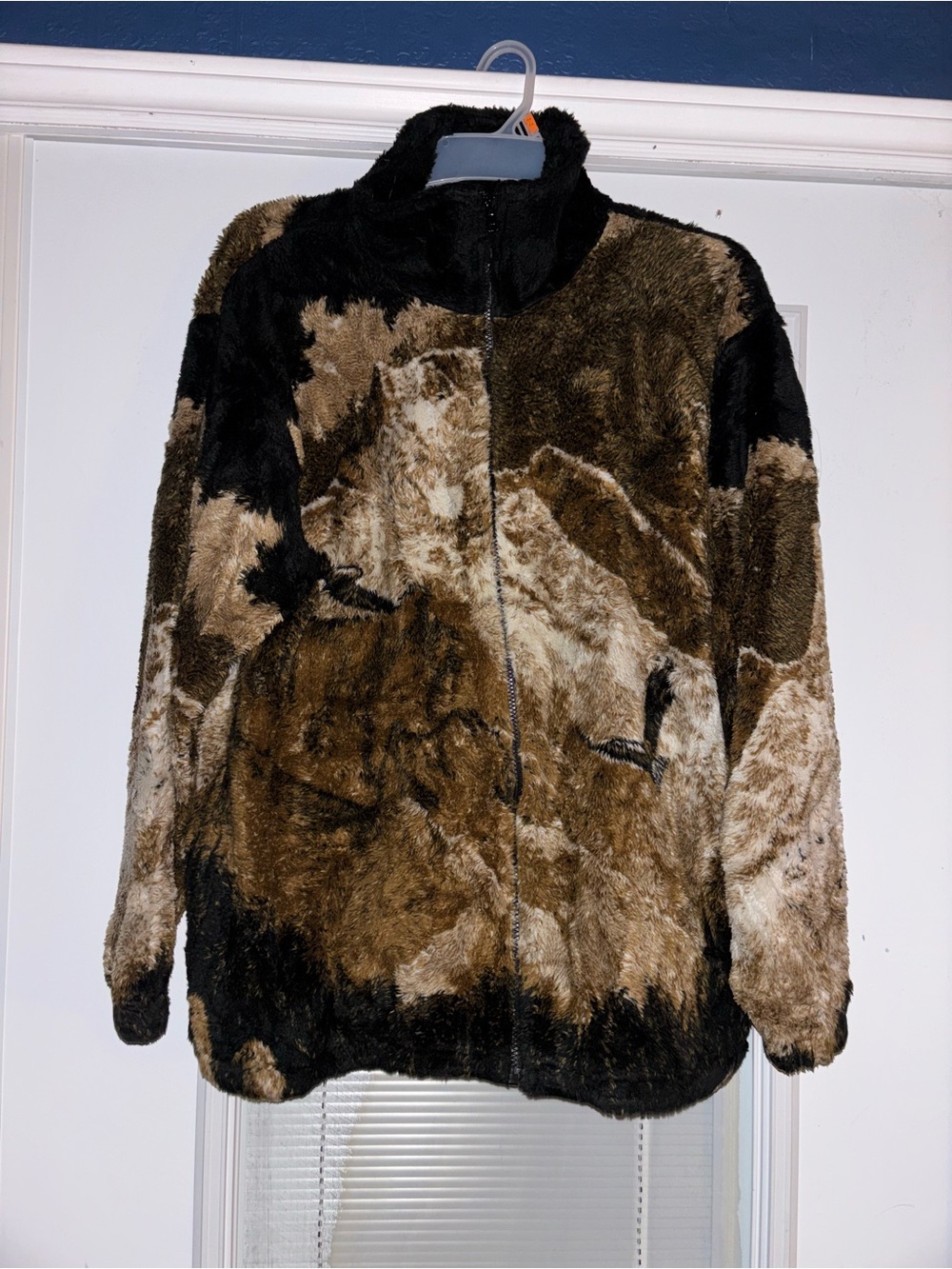 Vintage Faux Fur Zip-Front Jacket in Brown and Black with Eagle in back